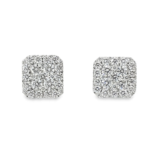 18KW Square Diamond Cluster Stud Earrings