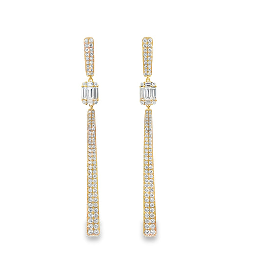 18KY DANGLE EARRINGS WITH EMERALD CUT DIAMONDS