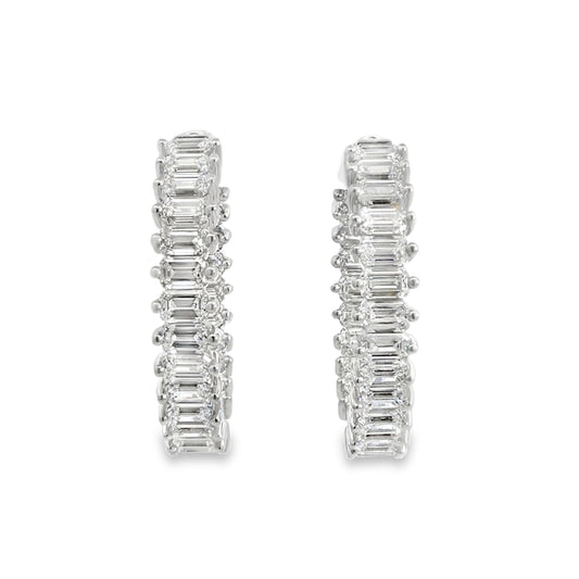 18KW EMERALD CUT DIAMOND HOOP EARRINGS