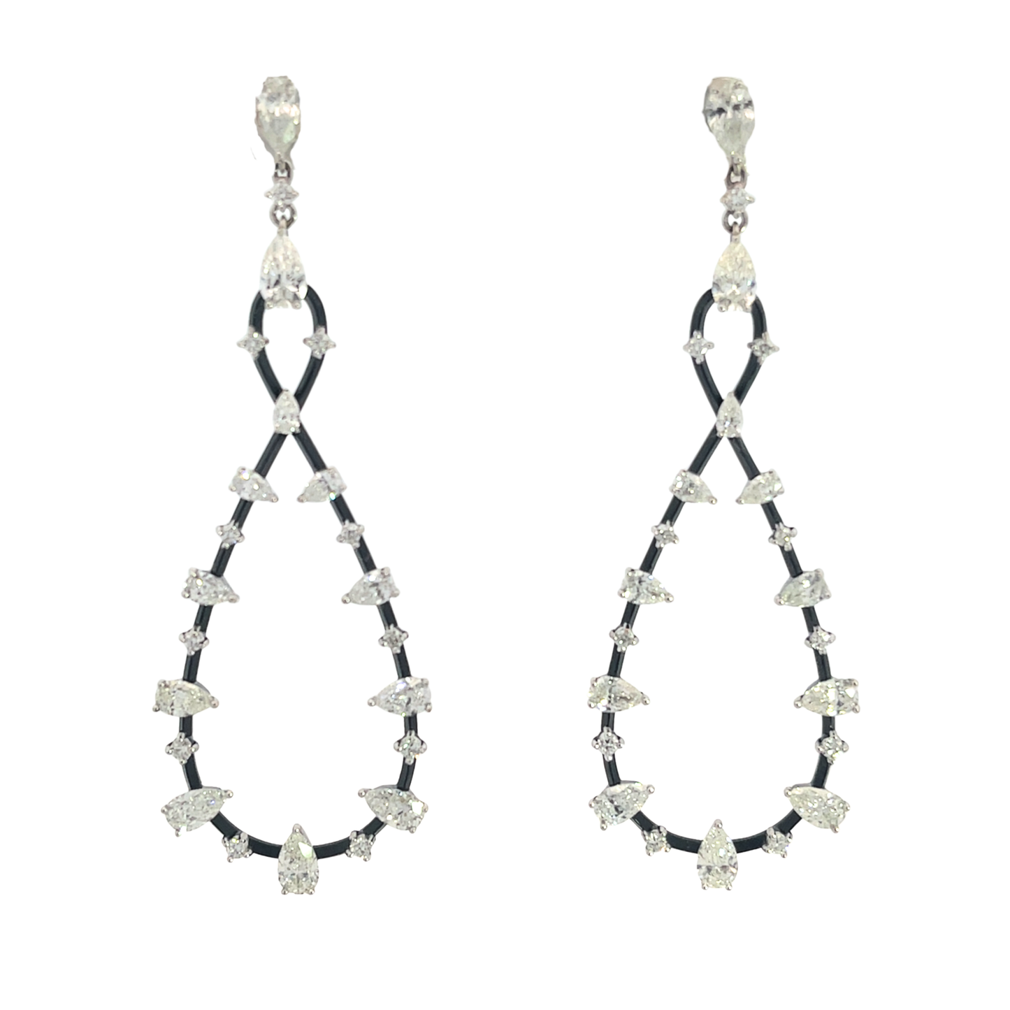 18KW & BLACK ENAMEL AND DIAMOND DROP EARRINGS