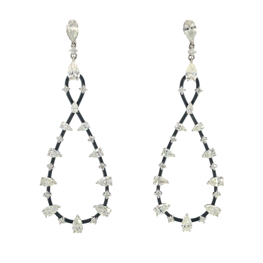 18KW & BLACK ENAMEL AND DIAMOND DROP EARRINGS