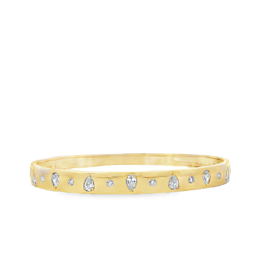 18K Yellow Gold Bangle with Pear and Round Shaped Diamond Accents
