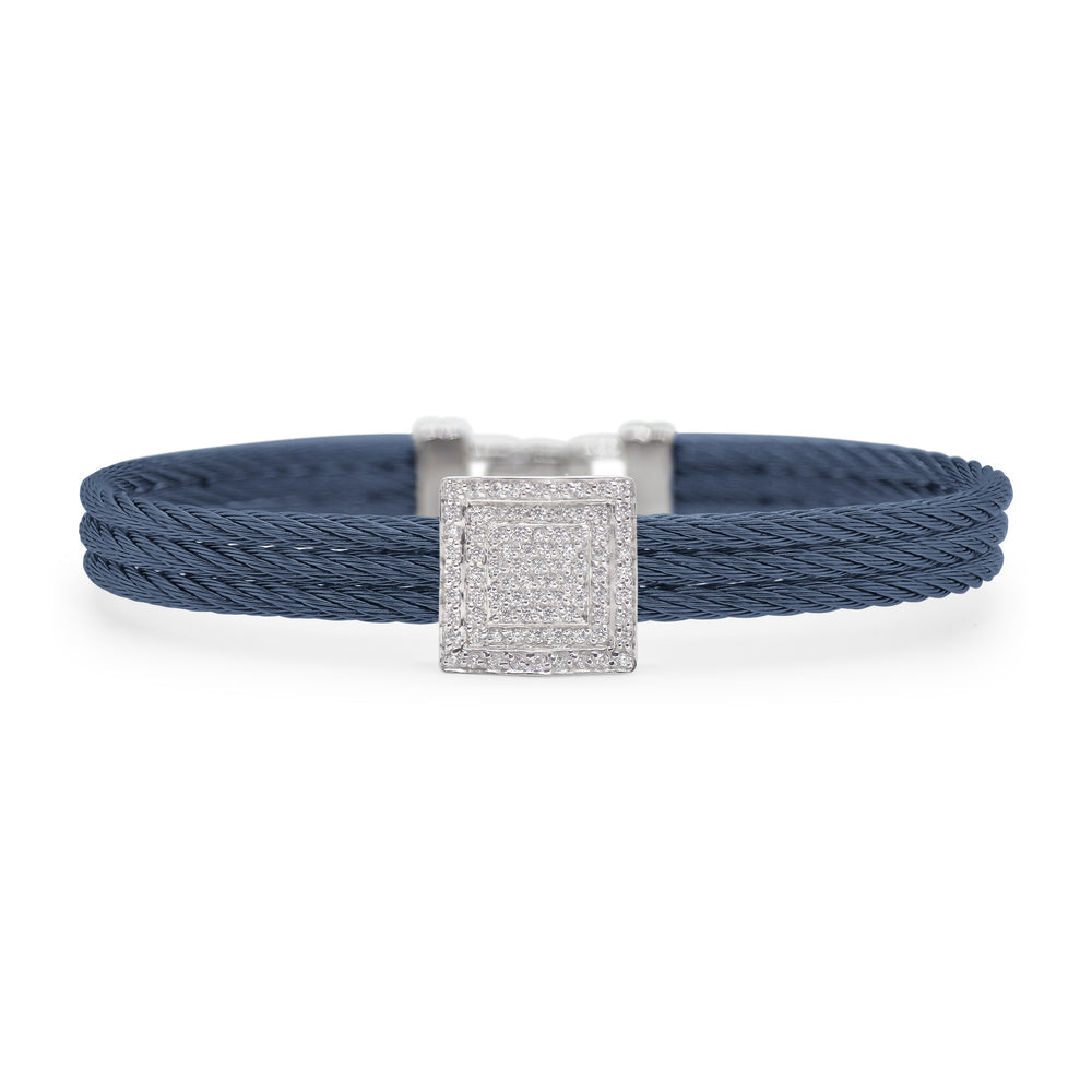 SS BLUE CABLE/18KW SQUARE DIAMOND STATION BRACELET