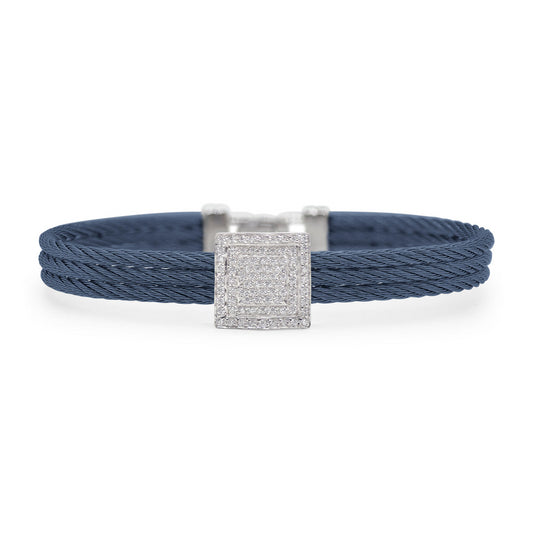 SS BLUE CABLE/18KW SQUARE DIAMOND STATION BRACELET