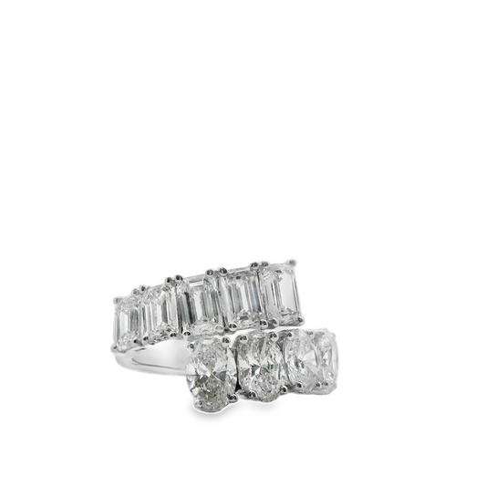 18KW EMERALD AND OVAL CUT DIAMOND BYPASS RING