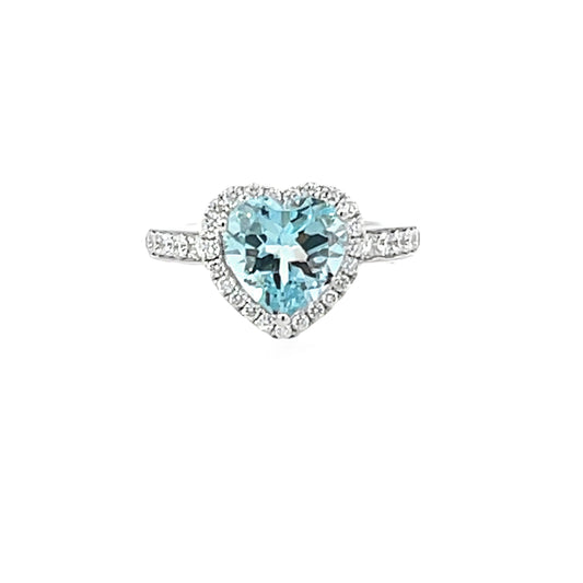 18KW AQUAMARINE AND DIAMOND HEART RING