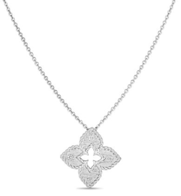 18KW PETITE VENETIAN PRINCESS DIAMOND AND SATIN FINISH SMALL FLOWER NECKLACE