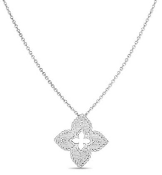 18KW PETITE VENETIAN PRINCESS DIAMOND AND SATIN FINISH SMALL FLOWER NECKLACE