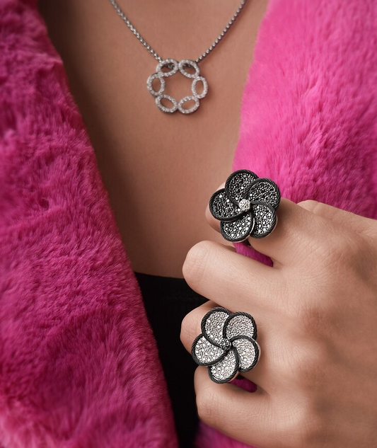 BLACK CABLE AND 18KW DIAMOND FORGET ME NOT FLOWER RING