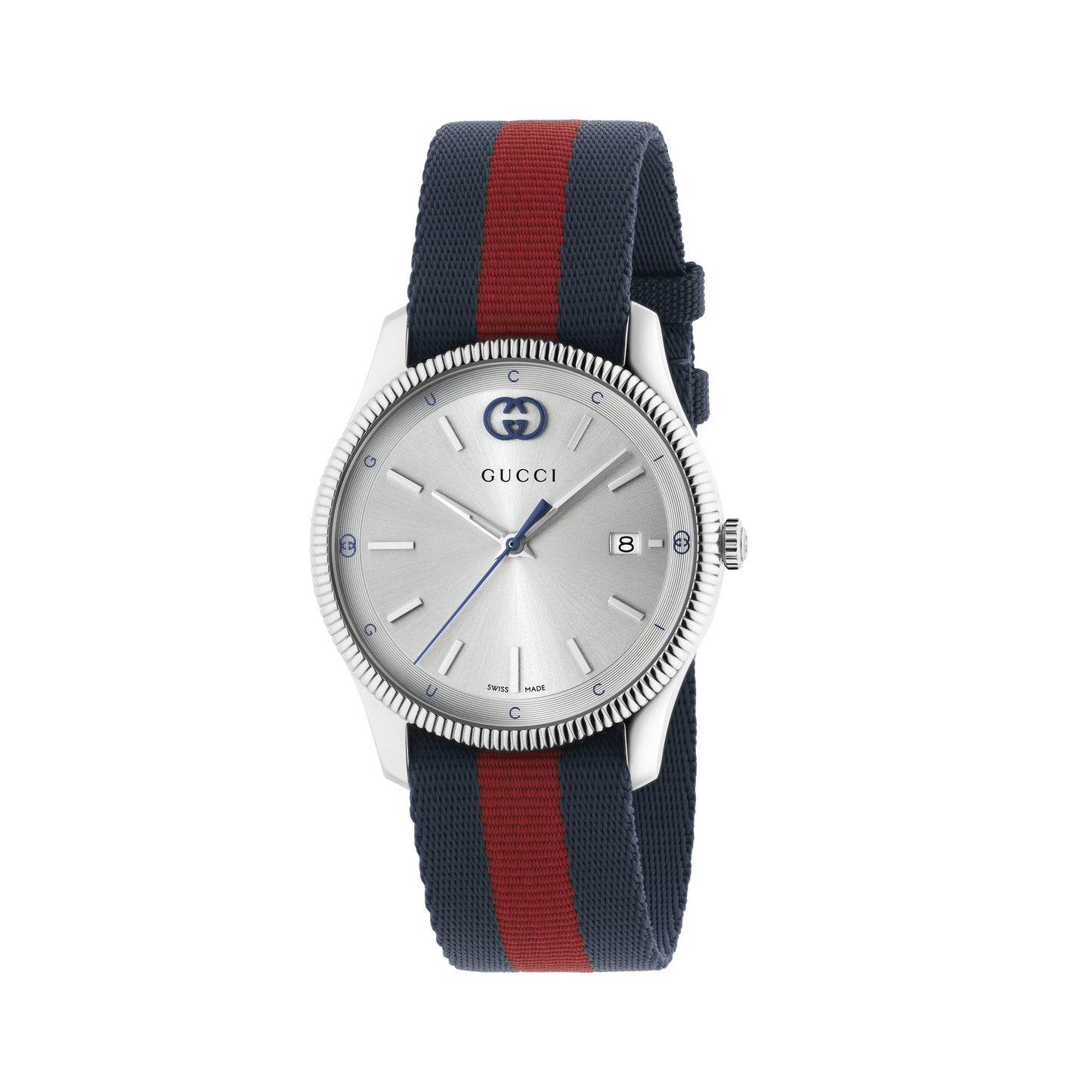 38MM SS G-TIMELESS SILVER DIAL RED/BLUE NYLON STRAP