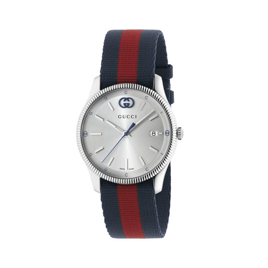 38MM SS G-TIMELESS SILVER DIAL RED/BLUE NYLON STRAP