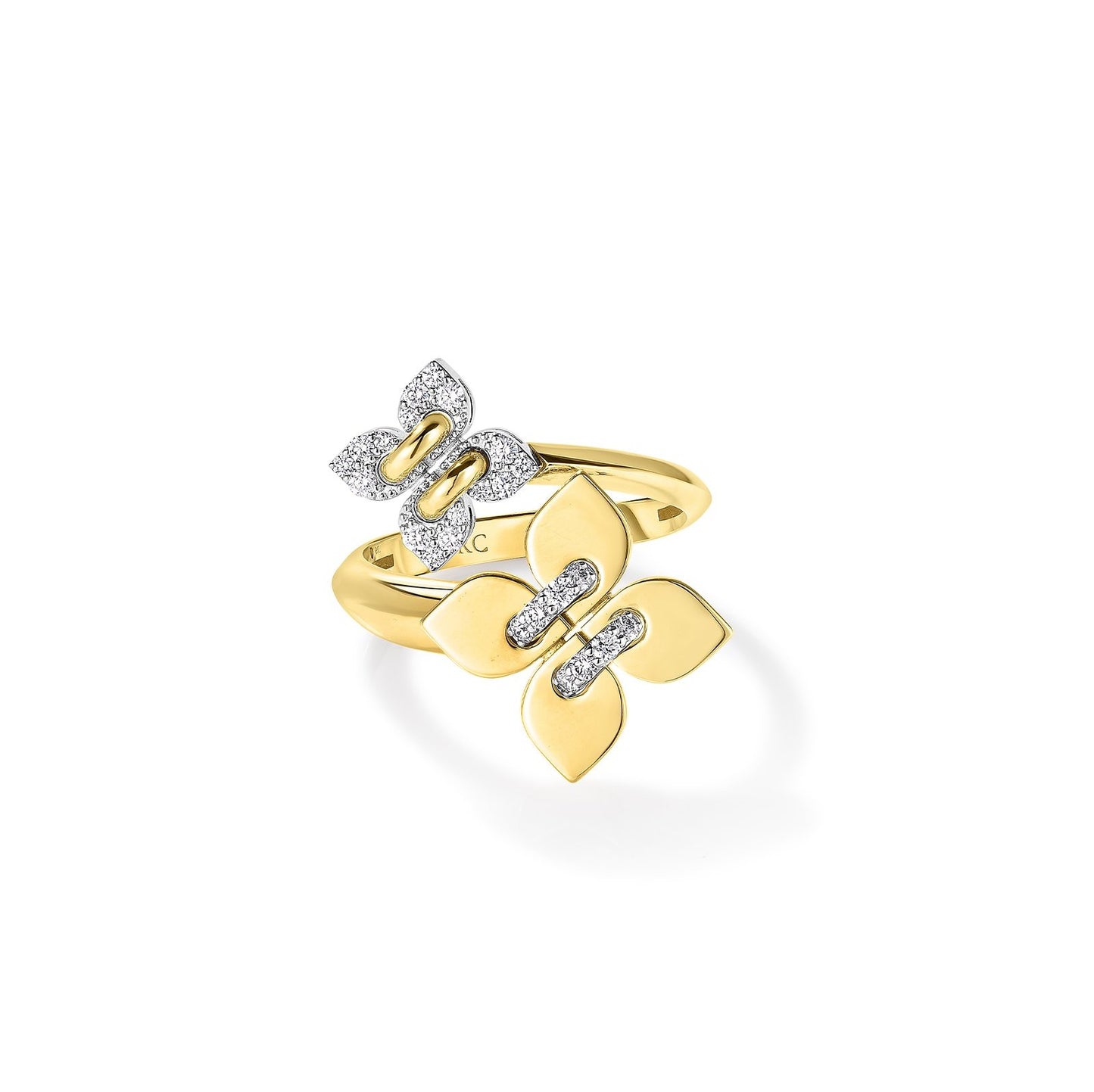 18KY LOVE IN VERONA PAVE DIAMOND AND POLISHED FINISH DOUBLE FLOWER RING