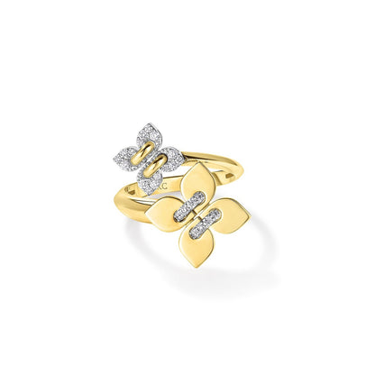 18KY LOVE IN VERONA PAVE DIAMOND AND POLISHED FINISH DOUBLE FLOWER RING