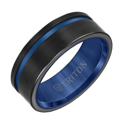 8MM SATIN FINSIH BLK/BLUE TUNGSTEN BAND