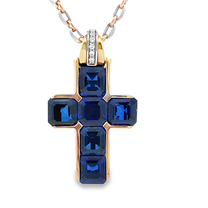 18KRW LAB SAPPHIRE AND DIAMOND CROSS PENDANT ON CHAIN