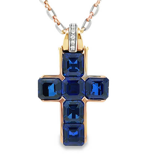 18KRW LAB SAPPHIRE AND DIAMOND CROSS PENDANT ON CHAIN