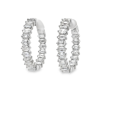 18KW EMERALD CUT DIAMOND MEDIUM HOOP EARRINGS