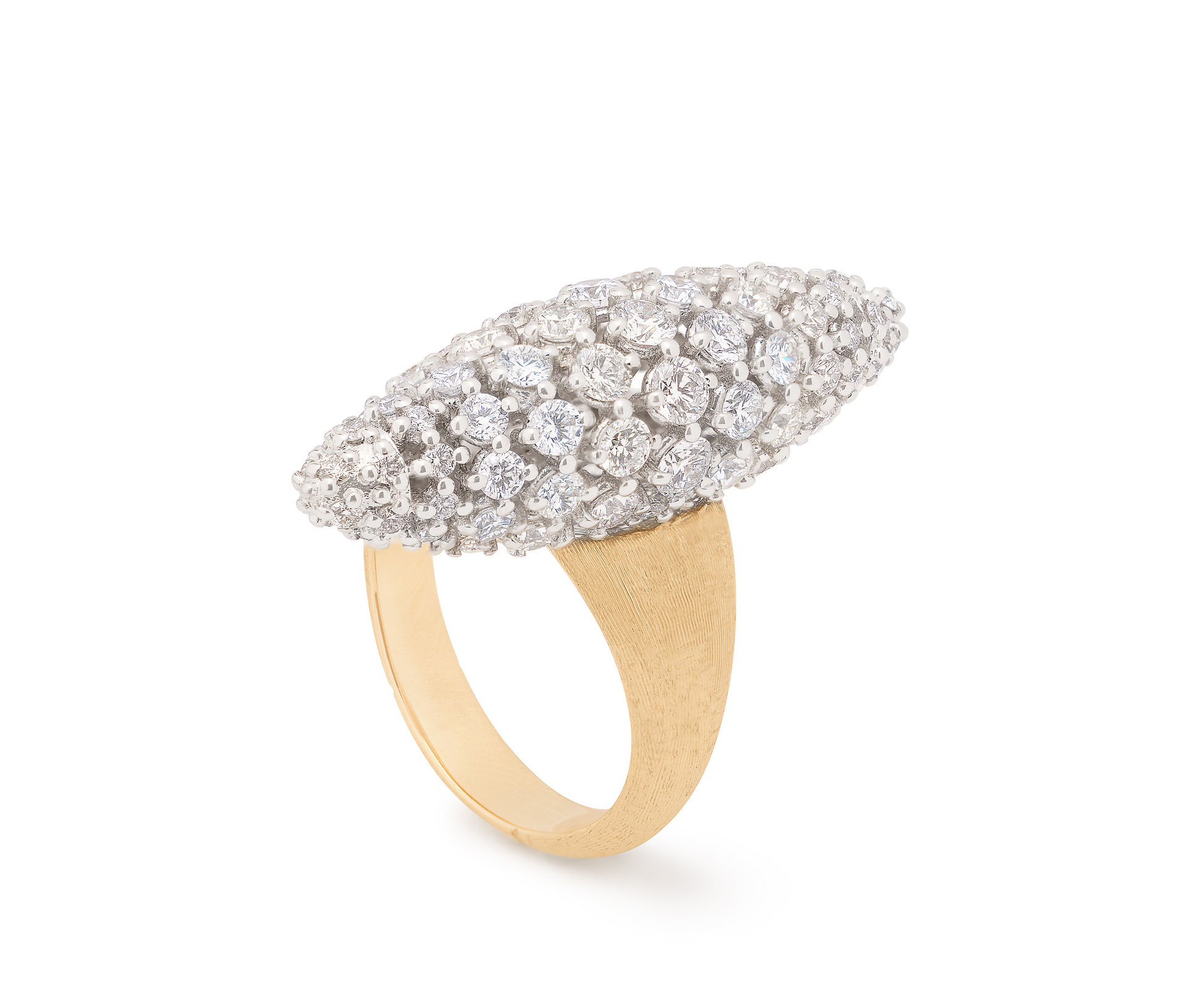 An 18K yellow gold ring full of volume, featuring a central oval shape pavé-set diamond element. The shank is finely hand-engraved using the ancient Florentine technique, which gives our gold a fine, brushed texture. That allows their powerful radiance to emanate