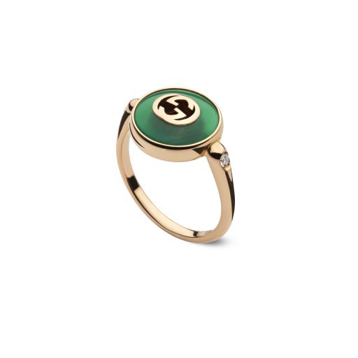 18KP GREEN AGATE AND DIAMOND INTERLOCKING G RING
