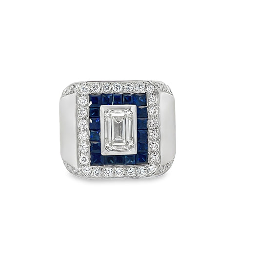 18KW MENS DIAMOND AND SAPPHIRE SIGNET RING