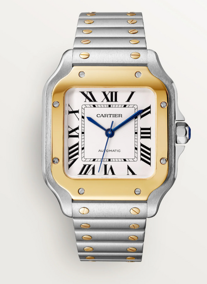 STEEL AND GOLD SANTOS MEDIUM MODEL WITH BRACELET AND BROWN CALFSKIN STRAP