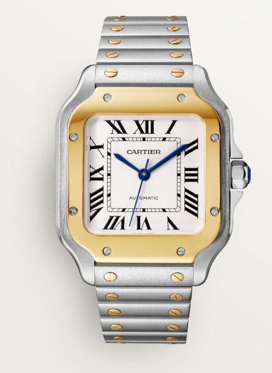 STEEL AND GOLD SANTOS MEDIUM MODEL WITH BRACELET AND BROWN CALFSKIN STRAP