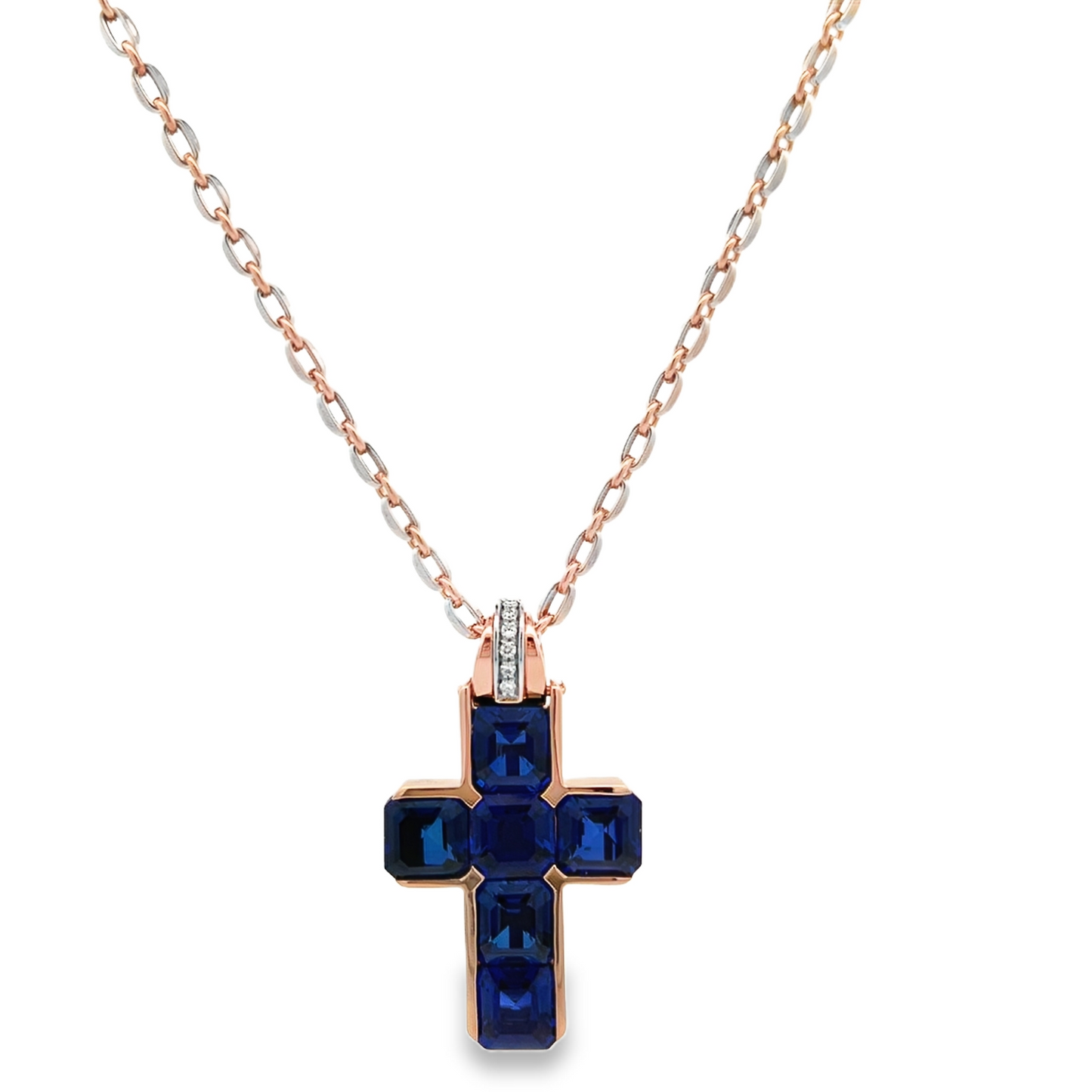 18KRW LAB SAPPHIRE AND DIAMOND CROSS PENDANT ON CHAIN