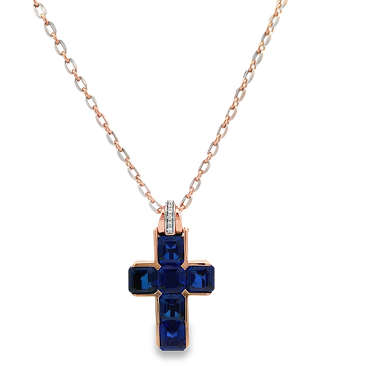 18KRW LAB SAPPHIRE AND DIAMOND CROSS PENDANT ON CHAIN