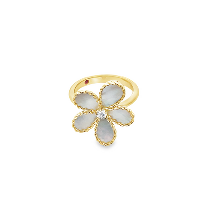 18KY JASMINE DIAMOND AND MOTHER OF PEARL FLOWER RING