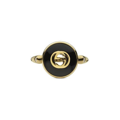 18KY ONYX AND DIAMOND INTERLOCKING G RING