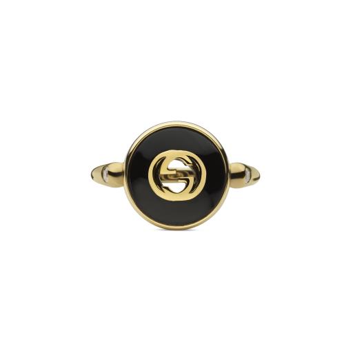 18KY ONYX AND DIAMOND INTERLOCKING G RING