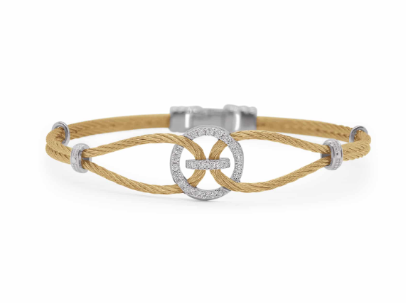 SS YELLOW CABLE OPEN BRACELET WITH 18KW DIAMODN STATIONS