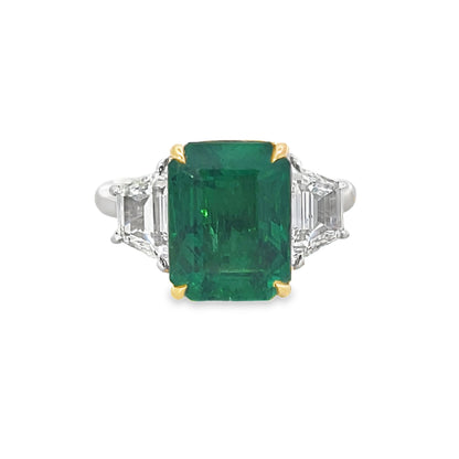 18KW EMERALD CUT EMERALD AND DIAMOND RING