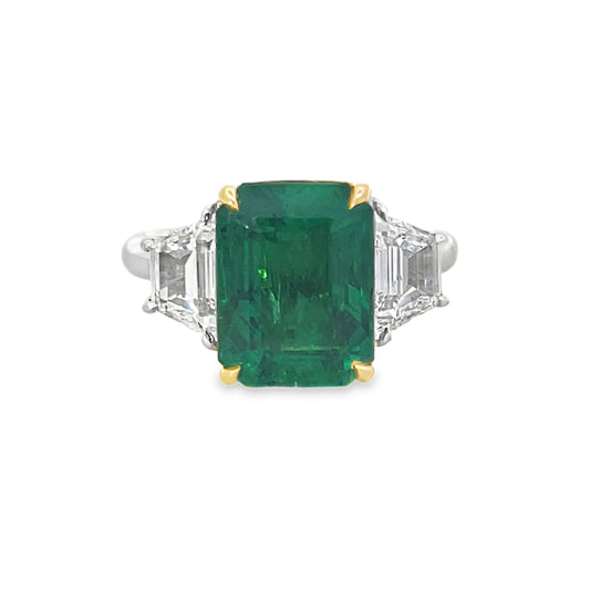 18KW EMERALD CUT EMERALD AND DIAMOND RING