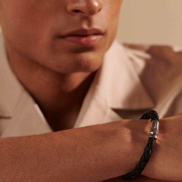 SILVER LEATHER BAMBOO STATION BRACELET