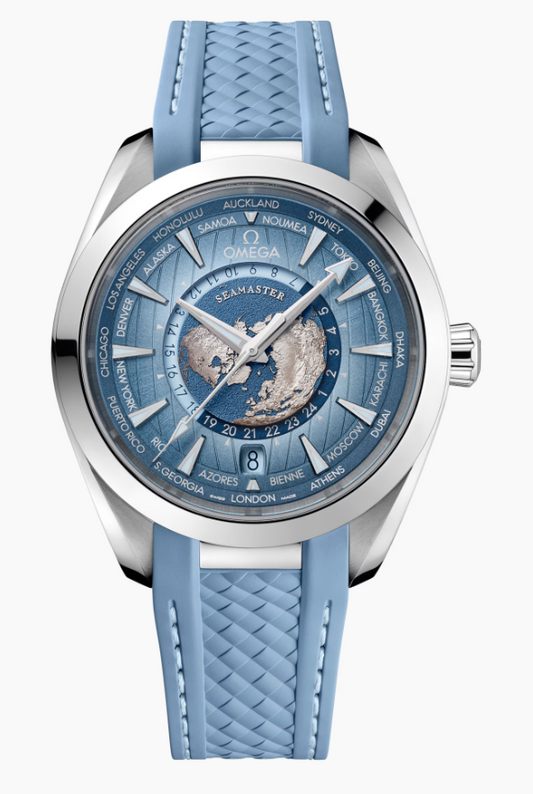 43MM SS AQUA TERRA WORLDTIMER LIGHT BLUE RUBBER STRAP