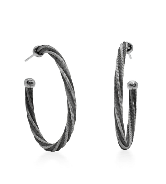 BLACK & GREY TWISTED CABLE HOOP EARRIANGS