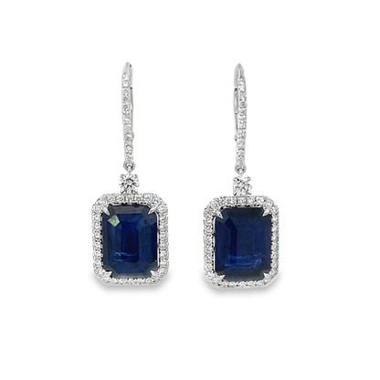 18KW EMERALD CUT BLUE SAPPHIRE DANGLE EARRINGS WITH DIAMONDS