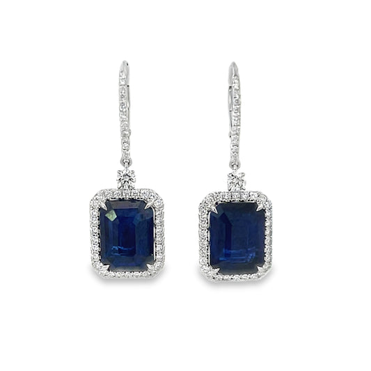 18KW EMERALD CUT BLUE SAPPHIRE DANGLE EARRINGS WITH DIAMONDS
