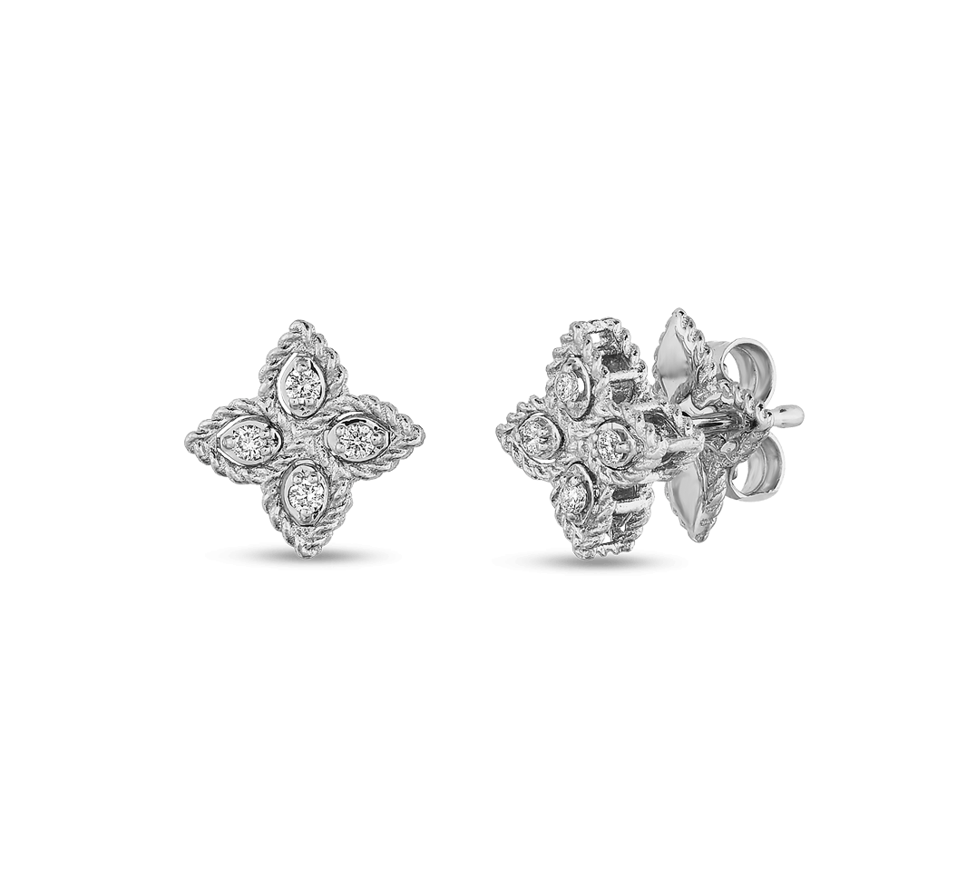 18KW PRINCESS FLOWER SMALL DIAMOND STUD EARRINGS