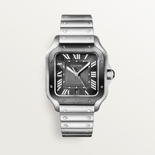 SS LARGE SANTOS DE CARTIER GRAY DIAL  BRACELET AND BLACK RUBBER STRAP