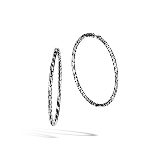 Carved Chain Hoop Earring, Silver, 50MM