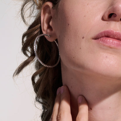Carved Chain Hoop Earring, Silver, 50MM