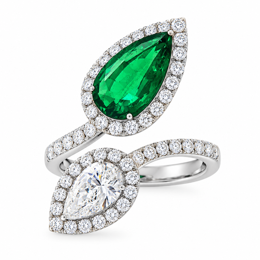 18KW EMERALD AND DIAMOND PEAR SHAPE COCKTAIL RING