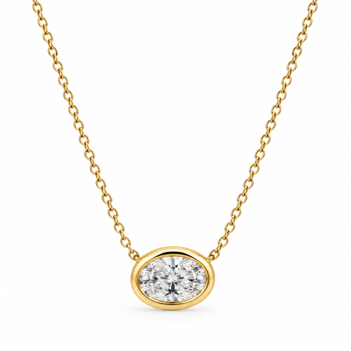 18KY OVAL DIAMOND BEZEL PENDANT NECKLACE