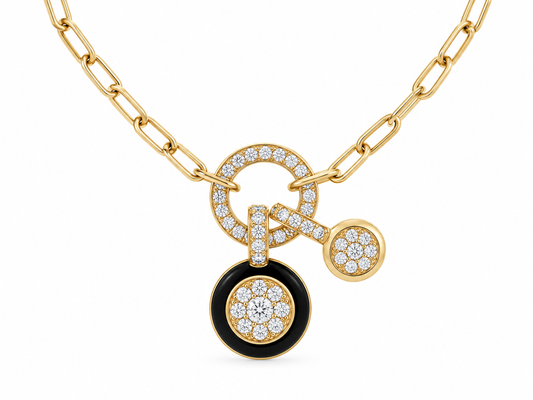 18KY BLACK ONYX AND DIAMOND PENDANT NECKLACE
