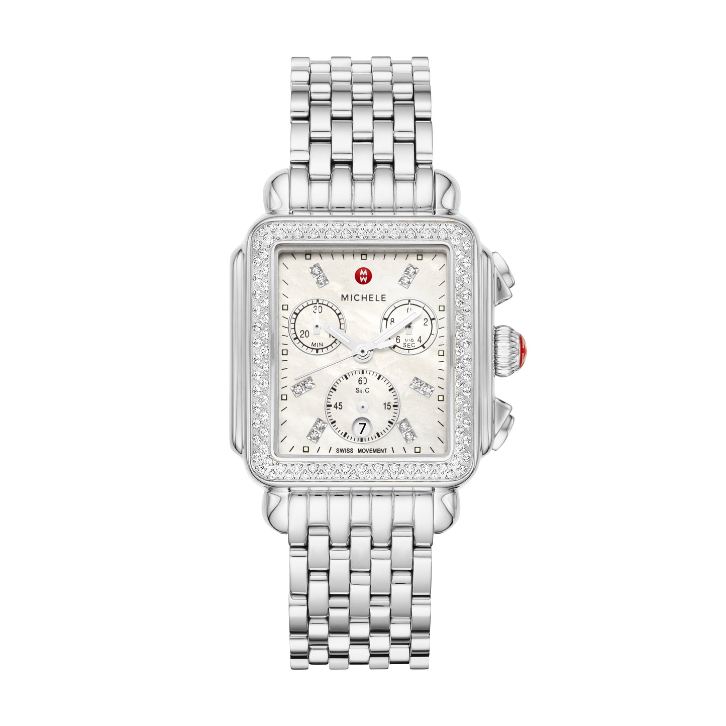 The rectangular case of the Deco Stainless Diamond Watch reflects the geometric shapes identified with Art Deco architecture. This iconic Swiss chronograph timepiece features 120 brilliant hand-set diamonds (0.6 carat weight) along the bezel and mother-of-pearl dial, three subeyes accented with silver foil and engraved MICHELE logos within the case walls. A stainless seven-link bracelet adds the finishing touch and is interchangeable with any 18mm MICHELE strap.