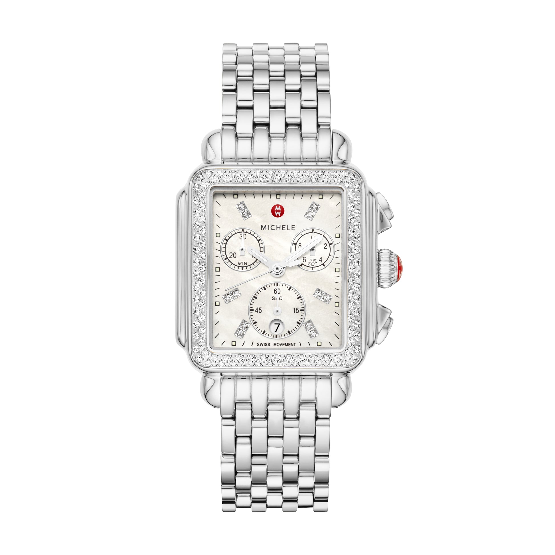 The rectangular case of the Deco Stainless Diamond Watch reflects the geometric shapes identified with Art Deco architecture. This iconic Swiss chronograph timepiece features 120 brilliant hand-set diamonds (0.6 carat weight) along the bezel and mother-of-pearl dial, three subeyes accented with silver foil and engraved MICHELE logos within the case walls. A stainless seven-link bracelet adds the finishing touch and is interchangeable with any 18mm MICHELE strap.