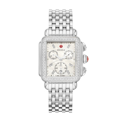 The rectangular case of the Deco Stainless Diamond Watch reflects the geometric shapes identified with Art Deco architecture. This iconic Swiss chronograph timepiece features 120 brilliant hand-set diamonds (0.6 carat weight) along the bezel and mother-of-pearl dial, three subeyes accented with silver foil and engraved MICHELE logos within the case walls. A stainless seven-link bracelet adds the finishing touch and is interchangeable with any 18mm MICHELE strap.