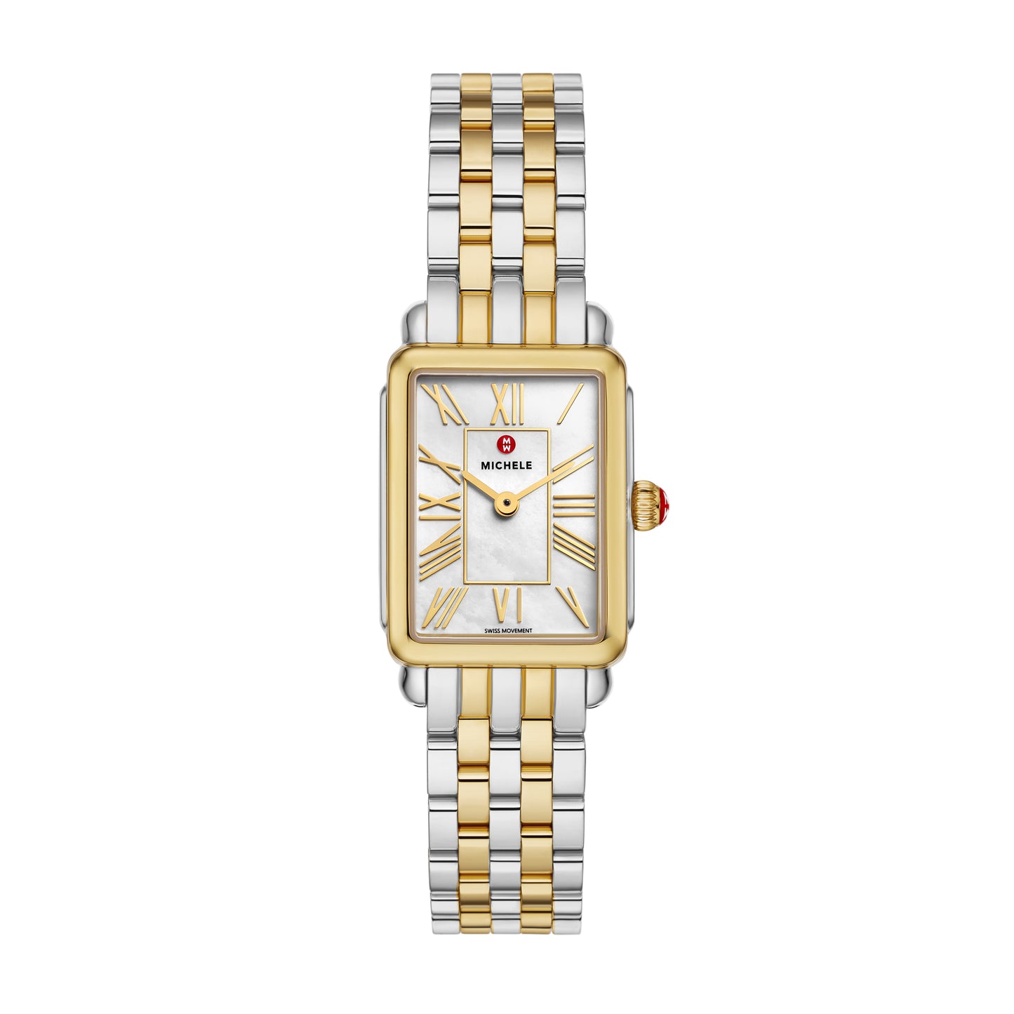 Elegant and architectural, this rectangular watch from the Deco Park collection perfectly balances form and function. The glossy white mother-of-pearl dial is housed within a two-tone stainless steel and 18K gold-plated case and Swiss movement. The two-tone 18K gold-plated bracelet is made specifically for the Deco Park collection and is interchangeable with any 14mm MICHELE strap.